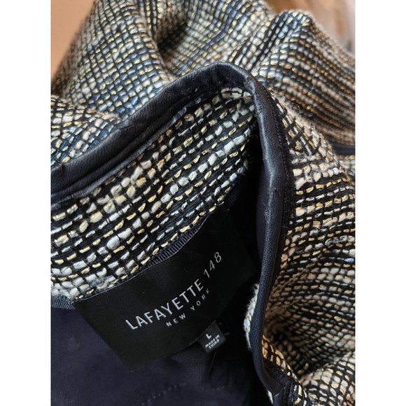 Lafayette 148 New York Woman’s Blazer Blue White Jacket, Size L Leather Trim - Picture 15 of 16